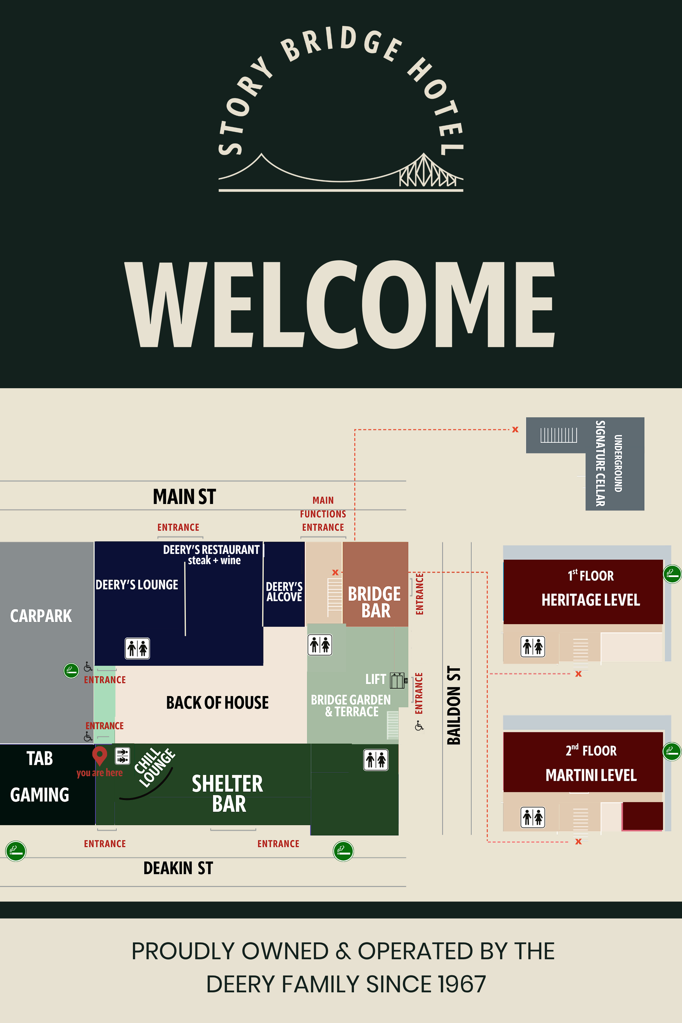 Story Bridge Hotel wayfinding map — ground floor spaces (Deery's, Bridge Bar, Bridge Garden & Terrace, Shelter Bar, Gaming, TAB, carpark) and upper-floor function levels (Heritage, Martini)
